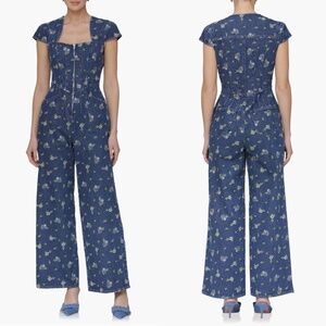 NEW AVEC LES FILLES Denim FLORAL Cap Sleeve CORSET Wide Leg JUMPSUIT 2 (fit 0)